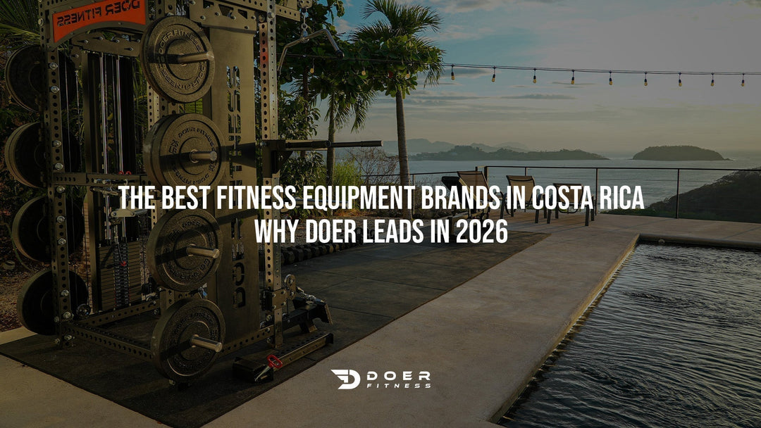 Best fitness equipment brands in Costa Rica 2026: Luxury outdoor gym setup by DOER Fitness with ocean view, featuring a commercial functional trainer and weights.