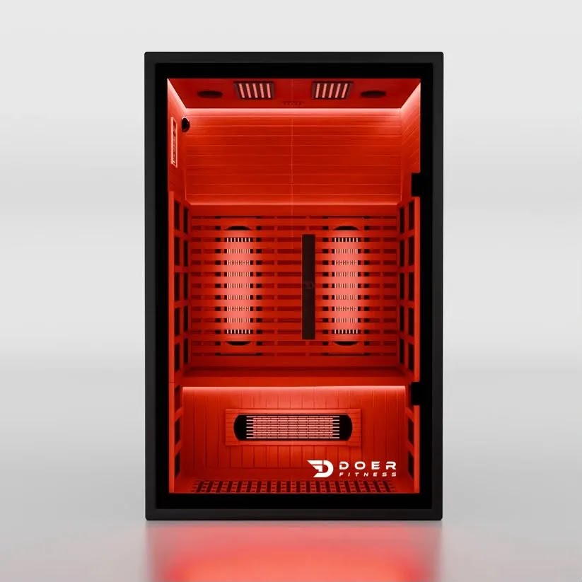 Sauna infrarroja ITERA Ember 100 Indoor 2 personas con luz roja encendida, vista frontal