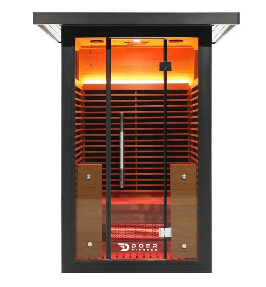 Sauna infrarroja ITERA Ember 100 Outdoor 1 a 2 personas con casco de aluminio negro y puerta de vidrio