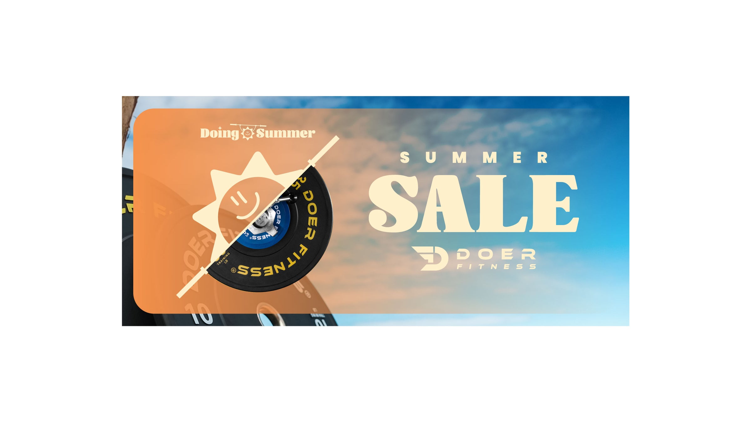 A summer sale banner featuring a barbell with a smiley face, promoting fitness equipment at DOER Fitness